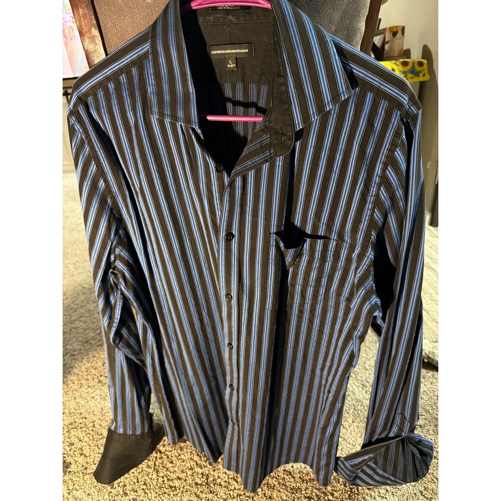 Express Design Studio Mens Blue Black Striped Modern Fit Button Down Shirt L